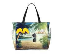Sunset On The Beach Print Large Waterproof Beach Tote Bag for Women with Zip and Pockets Foldable Handbag for Travel Pool Shopping Holiday Gym