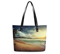 Sunset on The Beach Tote Bag for Women Work Handbag with Zipper Ladies Travel Leather Purses Large Soft Shoulder Bag Fashion Hobo Bag for Work Travel Shopping Bag