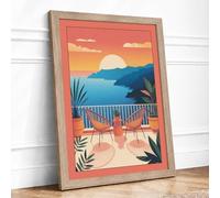 Sunset on the Terrace Mid-Century Framed Wall Art Print A3 (42×29.7cm) Oak, Wall Decor for Living Room, Bedroom, Office & Home, Ready to Hang, Art Gift