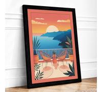 Sunset on the Terrace Mid-Century Framed Wall Art Print A4 (29.7×21cm) Black, Wall Decor for Living Room, Bedroom, Office & Home, Ready to Hang, Art Gift