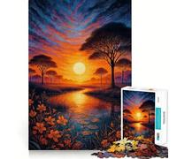 Sunset over A Tranquil River African Savannah Jigsaw Puzzle for Teenagers 1000 Pieces Cognitive Toy Quiet Hobby Premium Edge (50x75cm)