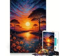 Sunset over A Tranquil River African Savannah Jigsaw Puzzles for Adults1000 Pieces Boost Memory Soothing Fun Premium Cut Thoughtful Gift (38x52cm)