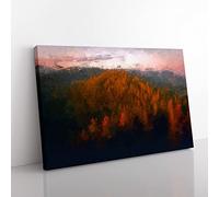 Sunset Over An Autumn Forest In Abstract Modern Art Canvas Wall Art Print Ready to Hang, Framed Picture for Living Room Bedroom Home Office Décor, 50x35 cm (20x14 Inch)
