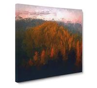 Sunset Over an Autumn Forest in Abstract Modern Canvas Wall Art Print Ready to Hang, Framed Picture for Living Room Bedroom Home Office Décor, 14x14 Inch (35x35 cm)