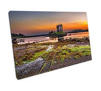 Sunset over Castle Stalker Loch Laich Scotland Landscape Ready to Hang Wall Art Print On Canvas Picture For Home Office Decor 61x41cm (24x16In)