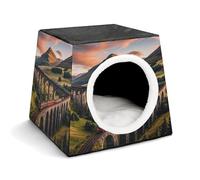 Sunset Over Elevated Bridge Cat Bed for Indoor Cats - Foldable Cat & Dog House with Removable Cozy Cushion, Waterproof Oxford Washable Pet House for Small Pets 13.8" X 13.8" X 11.8"