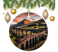 Sunset Over Elevated Bridge Ceramic Christmas Ornaments 3 Inch Vintage Hanging Baubles with Gold String for Xmas Tree Decorations Holiday Party Yard Garden Home Decor Festive Keepsake Gift Exchange