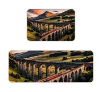 Sunset Over Elevated Bridge Kitchen Mat Set of 2, Flannel Non-Slip Absorbent Runner Comfort Standing Mats, Washable Kitchen Rugs for Floor Sink Laundry Entryway, 16x24 + 17x47 Inch