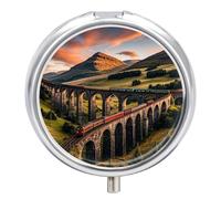 Sunset Over Elevated Bridge Metal Pill Organizer, 3 Compartment Waterproof Pill Case with Mirror for Purse Pocket Bag, Daily Medicine Vitamin Holder, Portable Travel Med Container(Round)