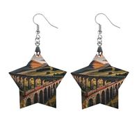 Sunset over Elevated Bridge Wooden Earrings for Women, Vintage Elegant Wood Jewelry, Lightweight Earrings for Wedding, Party, Everyday Jewelry Gift, Star, Wood, wood