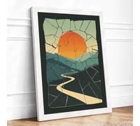 Sunset Over Fractured Land Geometric Framed Wall Art Print A2 White