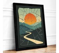 Sunset Over Fractured Land Geometric Framed Wall Art Print A3 Black