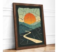 Sunset Over Fractured Land Geometric Framed Wall Art Print A3 Walnut