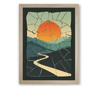 Sunset Over Fractured Land Geometric Framed Wall Art Print A4 (29.7×21cm) Oak, Wall Decor for Living Room, Bedroom, Office & Home, Ready to Hang, Art Gift