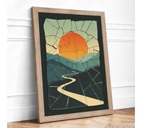 Sunset Over Fractured Land Geometric Framed Wall Art Print A4 Oak