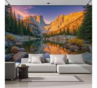 Sunset Over Lake Reflecting The Mountains Mural Wallpaper, Tranquil Natural Scenery Panoramic Wallpaper, Wall Mural Decoration Poster 250x175cm Murals for Living Room Bedroom Hallway, Golden