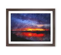 Sunset Over Laos Lake Painting Modern Art Framed Print | A3 Walnut Framed Wall Art | Ready to Hang | Modern Landscape Picture | Living Room Bedroom Lounge Office