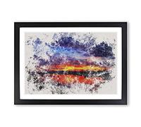 Sunset Over Laos Lake Watercolour Framed Print | A2 Black Framed Wall Art | Ready to Hang | Modern Landscape Picture | Living Room Bedroom Lounge Office
