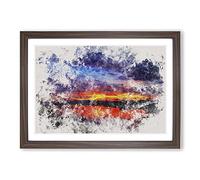 Sunset Over Laos Lake Watercolour Framed Print | A2 Walnut Framed Wall Art | Ready to Hang | Modern Landscape Picture | Living Room Bedroom Lounge Office