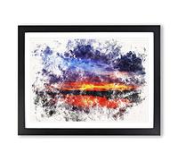 Sunset Over Laos Lake Watercolour Modern Framed Print | A2 Black Framed Wall Art | Ready to Hang | Modern Landscape Picture | Living Room Bedroom Lounge Office