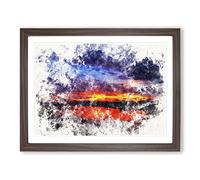 Sunset Over Laos Lake Watercolour Modern Framed Print | A2 Walnut Framed Wall Art | Ready to Hang | Modern Landscape Picture | Living Room Bedroom Lounge Office