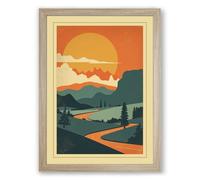Sunset Over Mountain Retro Framed Wall Art Print A3 (42×29.7cm) Oak, Wall Decor for Living Room, Bedroom, Office & Home, Ready to Hang, Art Gift
