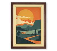 Sunset Over Mountain Retro Framed Wall Art Print A4 (29.7×21cm) Walnut, Wall Decor for Living Room, Bedroom, Office & Home, Ready to Hang, Art Gift