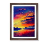 Sunset Over Mountains No.7 Framed Print | A4 Walnut Framed Wall Art | Ready to Hang | Modern Landscape Picture | Living Room Bedroom Lounge Office