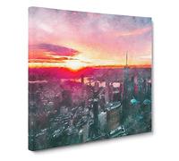 Sunset Over New York City Canvas Print | Gallery Wrapped 30mm Frame Wall Art | 14x14 inches | Ready to Hang | Modern Landscape Picture | Living Room Bedroom Lounge Office