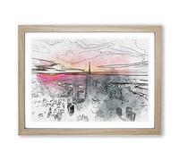 Sunset Over New York City In Abstract Modern Art Framed Print | A3 Oak Framed Wall Art | Ready to Hang | Abstract Cityscape Picture | Living Room Bedroom Lounge Office
