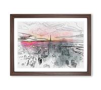 Sunset Over New York City In Abstract Modern Art Framed Print | A3 Walnut Framed Wall Art | Ready to Hang | Abstract Cityscape Picture | Living Room Bedroom Lounge Office