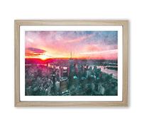 Sunset Over New York City Painting Modern Art Framed Print | A3 Oak Framed Wall Art | Ready to Hang | Modern Cityscape Picture | Living Room Bedroom Lounge Office