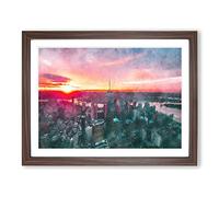 Sunset Over New York City Painting Modern Art Framed Print | A3 Walnut Framed Wall Art | Ready to Hang | Modern Cityscape Picture | Living Room Bedroom Lounge Office