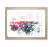 Sunset Over New York City Watercolour Modern Framed Print | A2 Oak Framed Wall Art | Ready to Hang | Modern Cityscape Picture | Living Room Bedroom Lounge Office