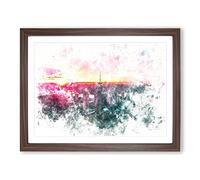 Sunset Over New York City Watercolour Modern Framed Print | A2 Walnut Framed Wall Art | Ready to Hang | Modern Cityscape Picture | Living Room Bedroom Lounge Office