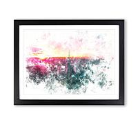 Sunset Over New York City Watercolour Modern Framed Print | A4 Black Framed Wall Art | Ready to Hang | Modern Cityscape Picture | Living Room Bedroom Lounge Office