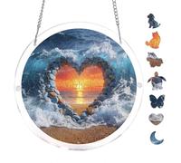 Sunset Over Ocean Heart Shaped Waves Round Acrylic Puzzle 7.48inch Hanging Wall Decor Coastal Home Decoration Mindful Hobby Calming Indoor Leisure Activity Adult Puzzle Tabletop Art Piece