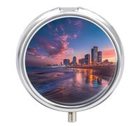 Sunset Over Tel Aviv Beach Israel Pill Box 3 Compartment Small Portable Medicine Case Pill Organizer for Pocket Purse