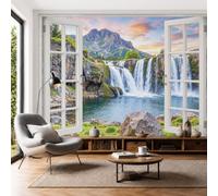 Sunset Over The Canyon Waterfall Photo Mural Wallpaper High Mountain Realistic Scenery Wall Covering Poster Silk Wall Art for Living Room, Lounge, Studio, Office Decor, 400x280cm, Moss Green