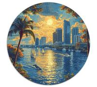 Sunset over The Harbour 1000 Piece Circular Jigsaw Creative Seeking A Challenging And Relaxing Activity Games for Adults And Kids 1000pcs (67.5x67.5cm)