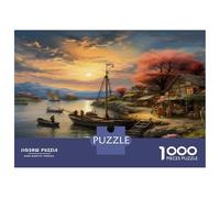 Sunset over The Harbour For Holidays & Anniversaries: 1000 Piece Sturdy Cardboard Premium Puzzle Sunset Lake Fishing Boats Brain Training Activity, A Memorable Puzzle for Couples 52x3
