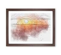 Sunset Over The Hills In Abstract Modern Art Framed Print | A2 Walnut Framed Wall Art | Ready to Hang | Abstract Landscape Picture | Living Room Bedroom Lounge Office