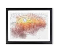 Sunset Over The Hills In Abstract Modern Art Framed Print | A4 Black Framed Wall Art | Ready to Hang | Abstract Landscape Picture | Living Room Bedroom Lounge Office