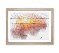 Sunset Over The Hills In Abstract Modern Art Framed Print | A4 Oak Framed Wall Art | Ready to Hang | Abstract Landscape Picture | Living Room Bedroom Lounge Office