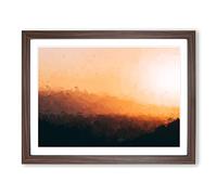 Sunset Over The Hills & Mountains In Abstract Modern Art Framed Print | A3 Walnut Framed Wall Art | Ready to Hang | Abstract Landscape Picture | Living Room Bedroom Lounge Office