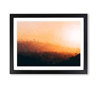 Sunset Over The Hills & Mountains In Abstract Modern Art Framed Print | A4 Black Framed Wall Art | Ready to Hang | Abstract Landscape Picture | Living Room Bedroom Lounge Office