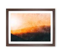 Sunset Over The Hills & Mountains Painting Modern Art Framed Print | A2 Walnut Framed Wall Art | Ready to Hang | Modern Landscape Picture | Living Room Bedroom Lounge Office