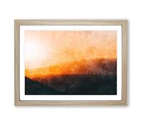 Sunset Over The Hills & Mountains Painting Modern Art Framed Print | A4 Oak Framed Wall Art | Ready to Hang | Modern Landscape Picture | Living Room Bedroom Lounge Office