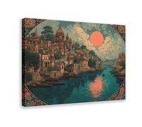 Sunset over The Indus River - Retro Indian Temples, High Threshold Infantry City Canvas Poster Bedroom Decor Landscape Office Room Decor Gift 8" L X 12" W