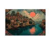 Sunset over The Indus River - Retro Indian Temples, High Threshold Infantry City Canvas Poster Wall Art Decor Print Picture Paintings for Living Room Bedroom Decoration 8" L X 12" W